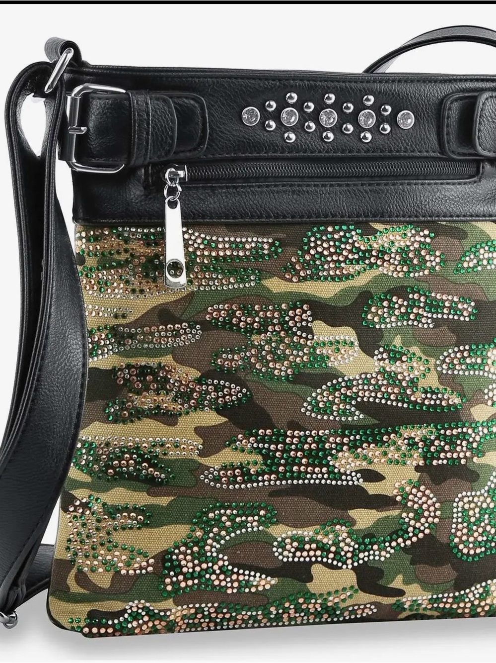 Camo Rhinestone Crossbody Bag with Black Leather Trim